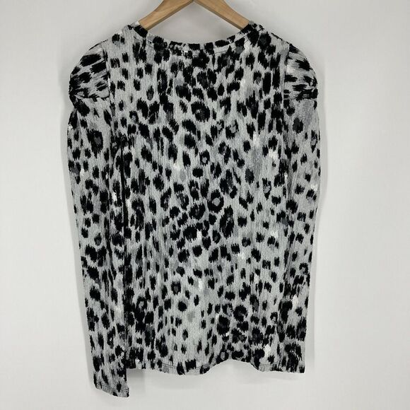LOFT Top Size Small Gray Animal Print Shirt Long Puff Sleeve Stretch Leopard - Picture 6 of 9